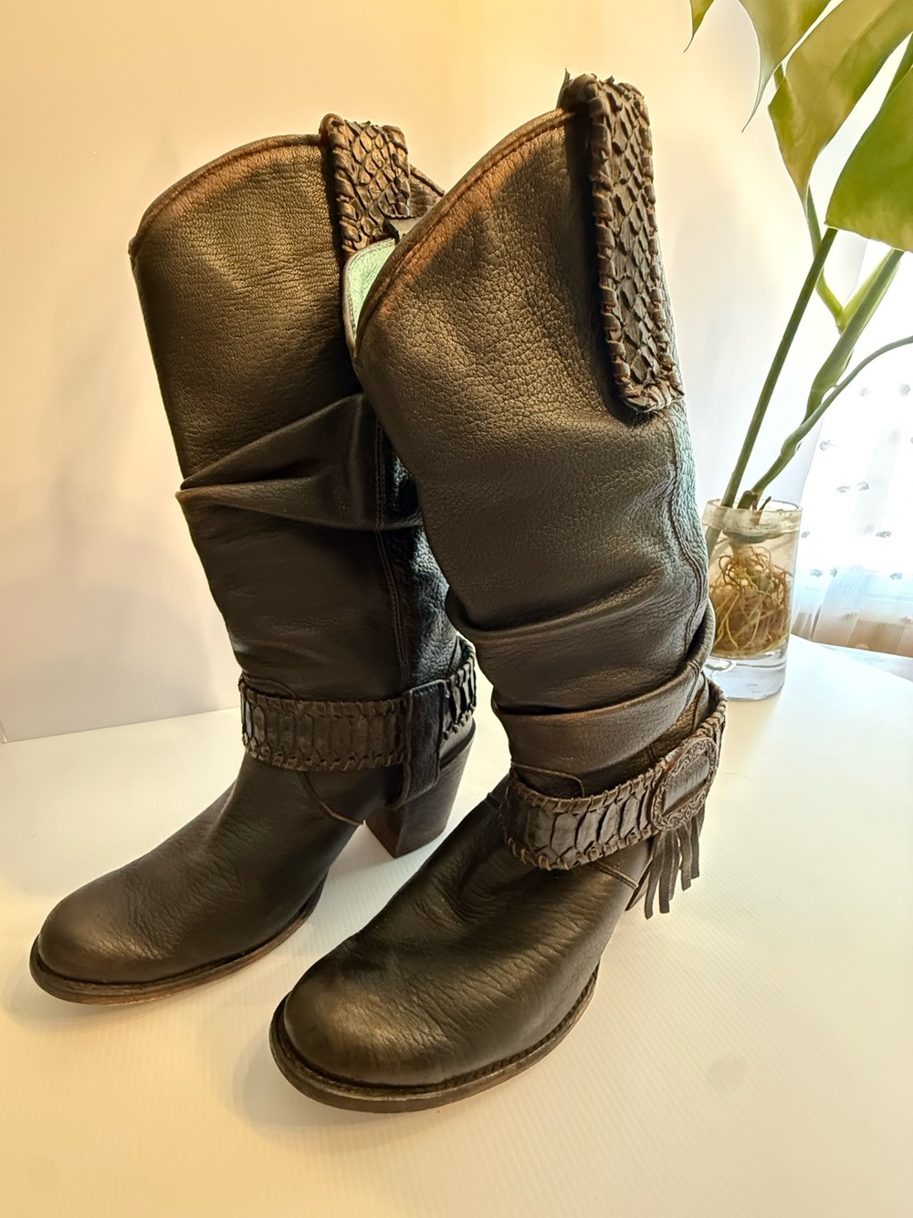 Corral Dark Brown Leather Mid-Calf Fringe Boots